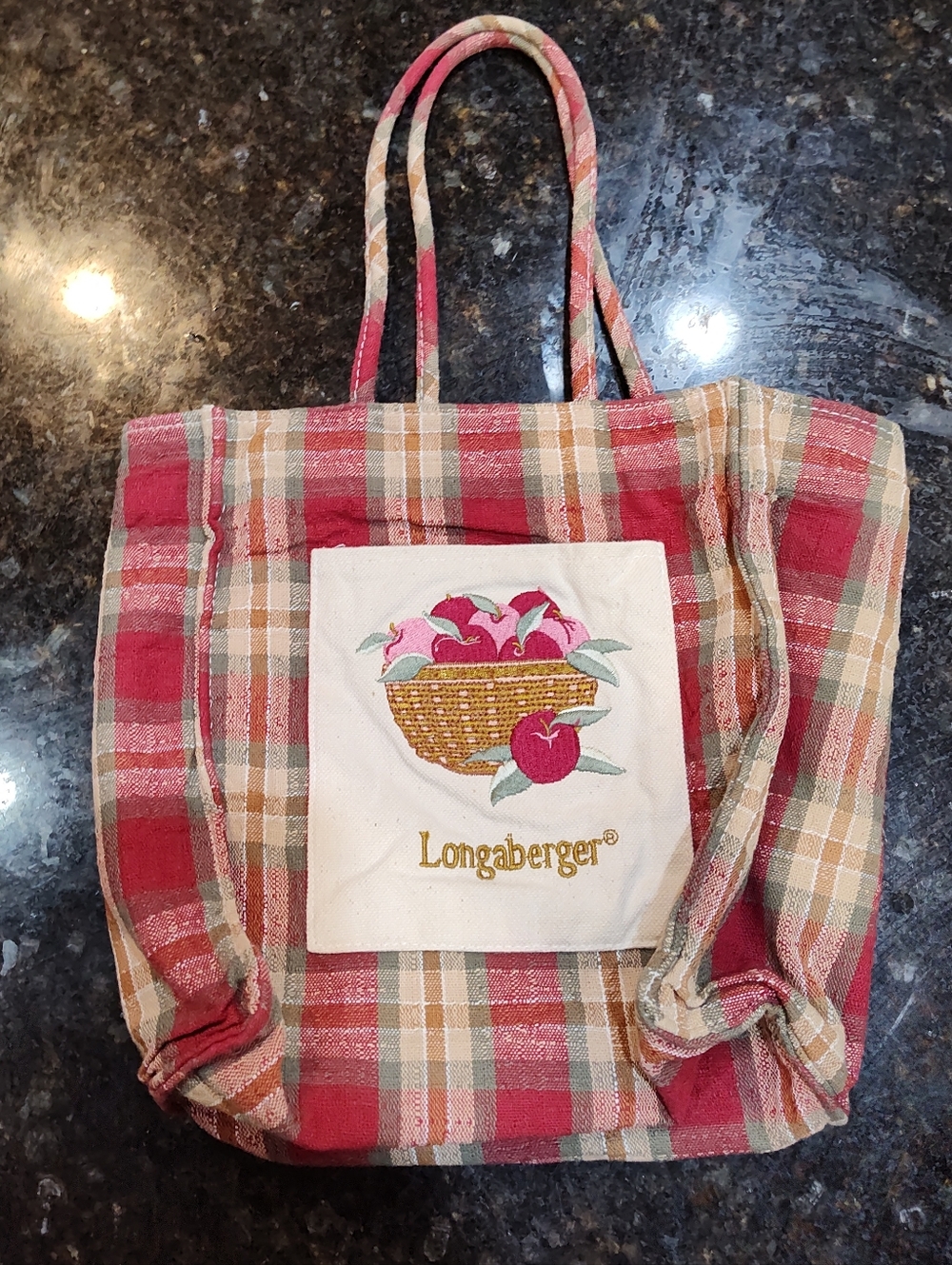 Longaberger Plaid Tote with Embroidered Apple Basket - Red, Brown & Cream - Picture 4 of 10